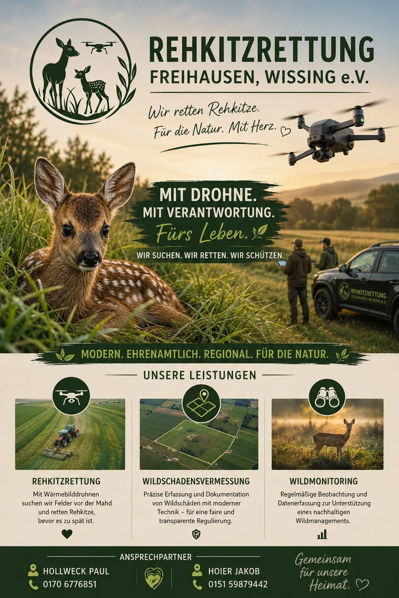 Vereinsflyer der Rehkitzrettung Freihausen, Wissing e. V. mit Ansprechpartnern und Leistungen