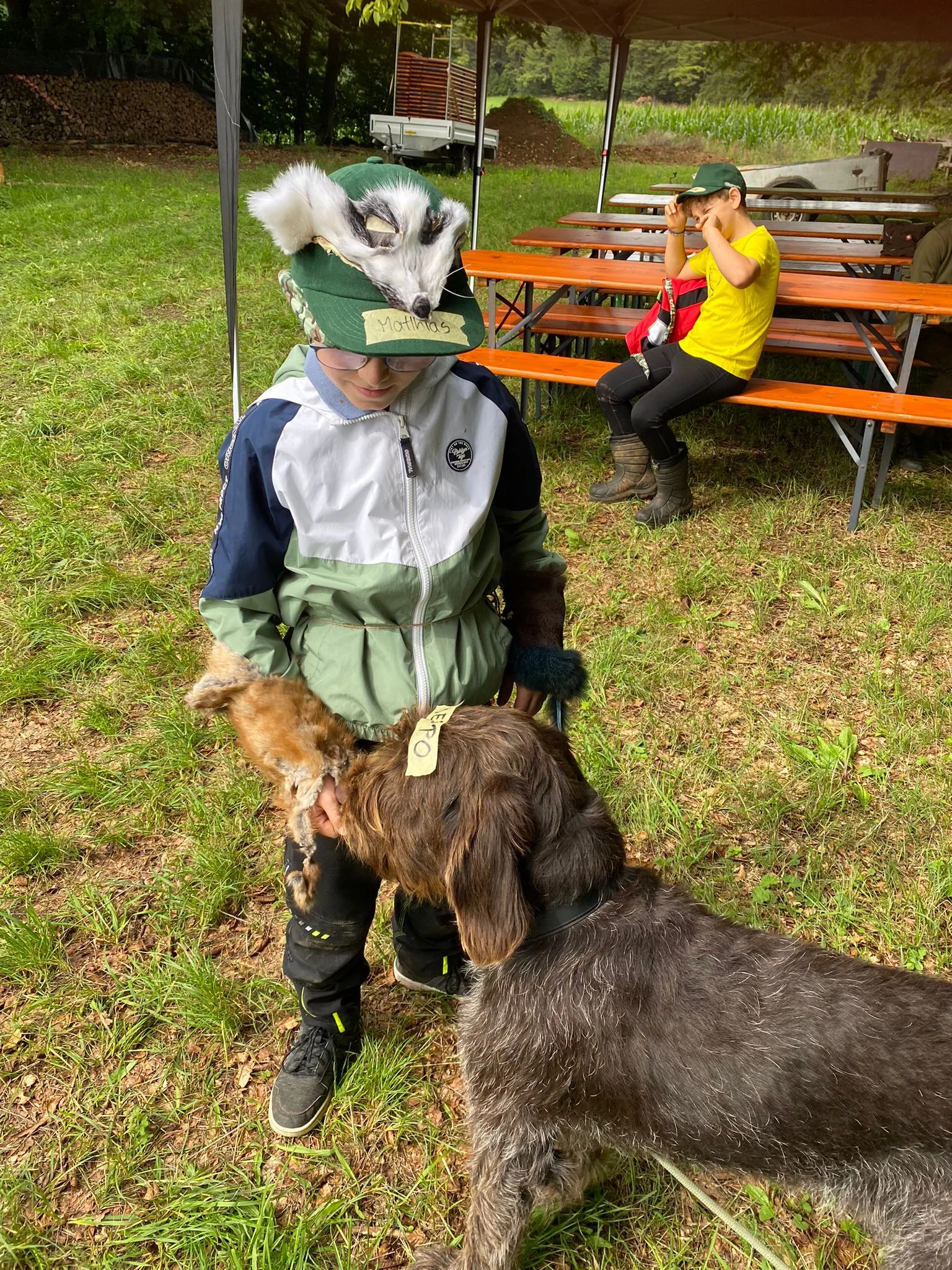 Ein Kind begegnet einem Jagdhund.